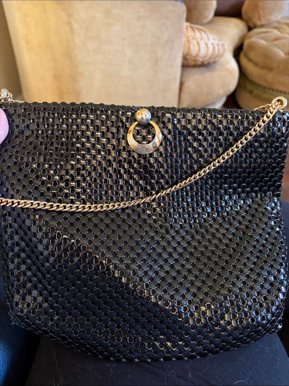 Vintage Whiting and Davis 1960s Black Mesh Chain Shoulder Bag